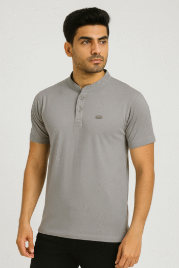 Men's Solid Band Collar Polo Shirt in Stone Gray