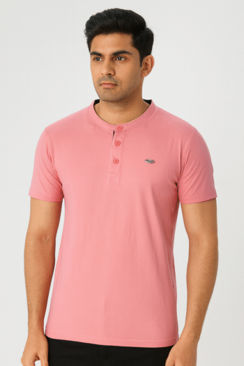Men’s Pink Henley Neck T-Shirt with Three-Button Placket