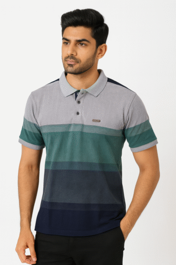 Men’s Multicolor Striped Polo T-Shirt in Grey, Green & Navy