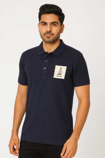 Men’s Navy Blue Polo T-Shirt with Contrast Patch Detail