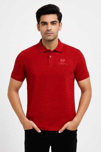 Men’s Red Textured Polo T-Shirt with Subtle Chest Branding