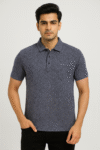 Men’s Charcoal Grey Patterned Polo T-Shirt with Subtle Embroidered Logo
