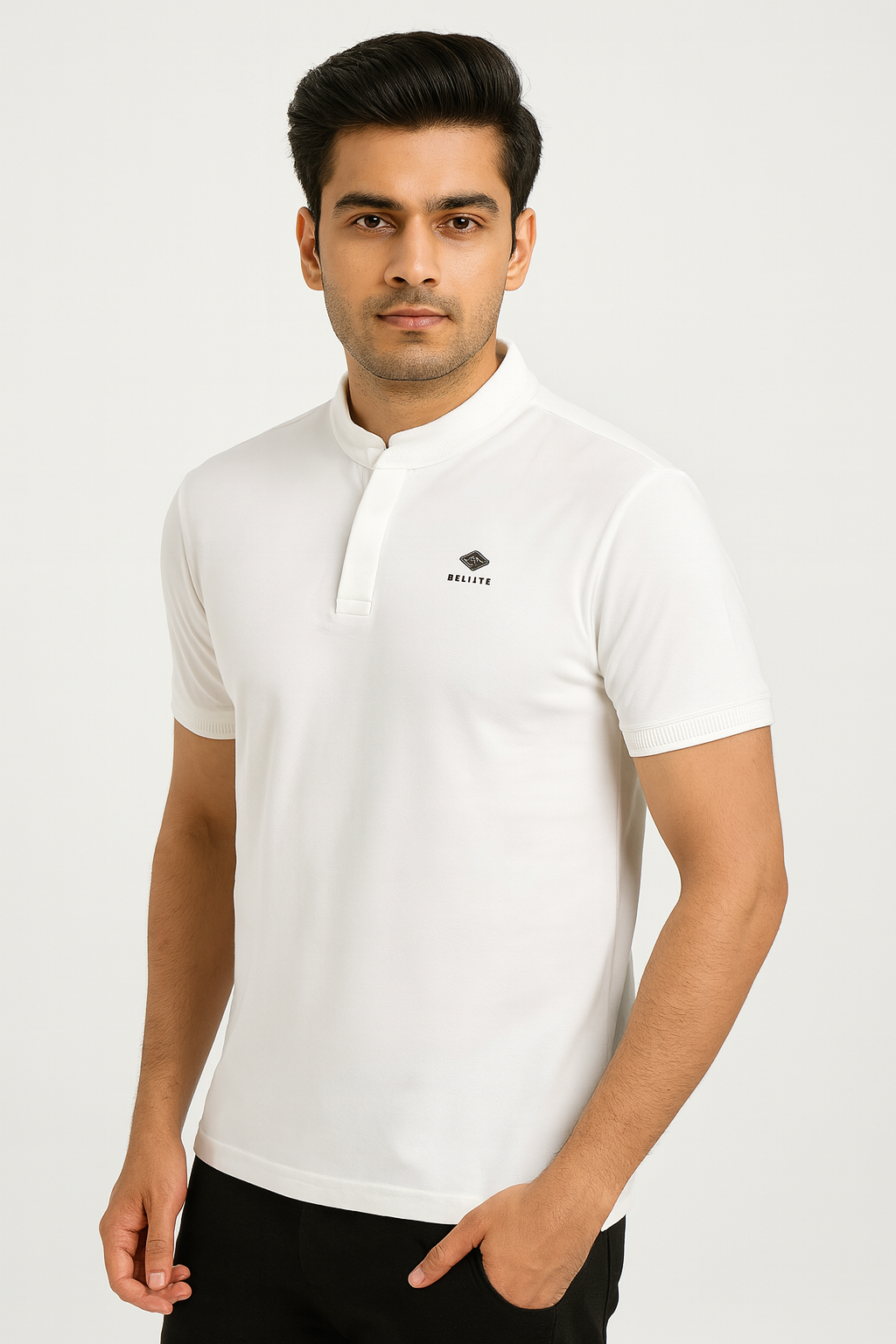 Men’s White Mandarin Collar Polo T-Shirt with Minimal Logo