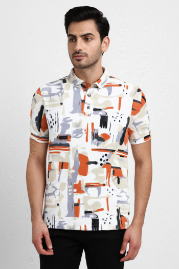 Men’s Abstract Printed Polo T-Shirt in White with Multicolor Brushstroke Design