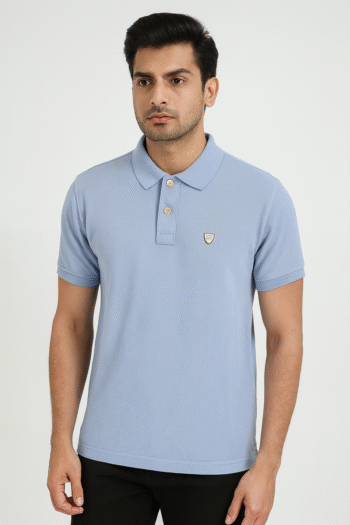 Men’s Sky Blue Solid Polo T-Shirt with Golden Button Detail