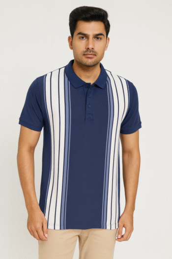 Men’s Navy Blue Striped Polo T-Shirt – Classic Smart-Casual Style