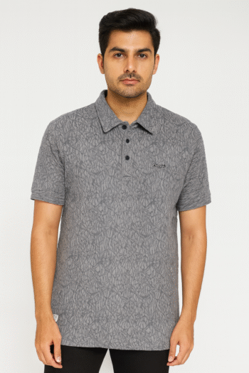 Men’s Grey Textured Polo T-Shirt – Modern Casual Style