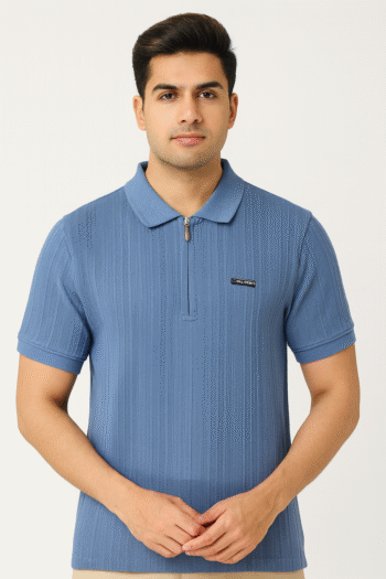 Men’s Blue Ribbed Polo T-Shirt with Zip Closure