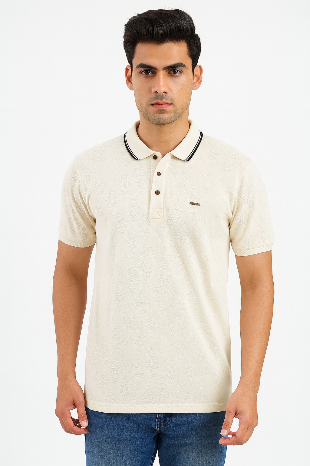 Men’s Textured Beige Polo T-Shirt with Contrast Collar