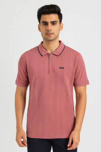 Men's Textured Quarter-Zip Polo Shirt in Dusty Rose