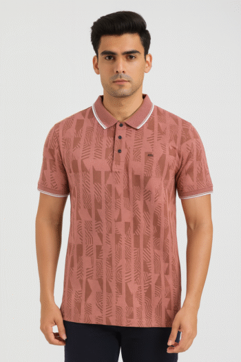 Men's Abstract Geometric Print Polo Shirt with Tipped Edges