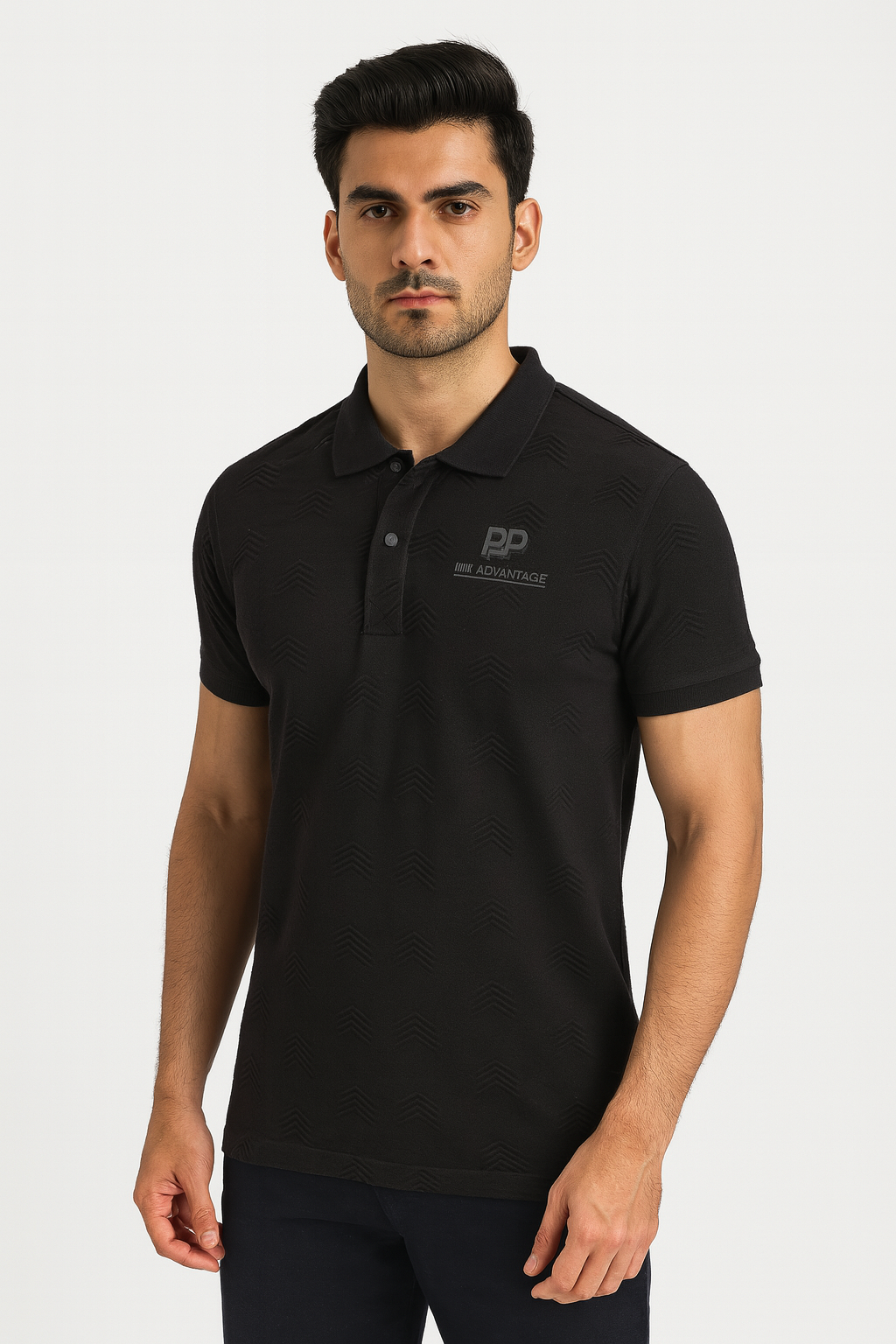 Men’s Black Textured Polo T-Shirt with Subtle Chevron Pattern