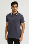 Men’s Navy Textured Polo T-Shirt with Contrast Collar & Sleeve Tipping