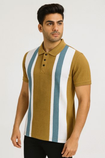 Men's Retro Vertical Block Stripe Textured Polo Shirt