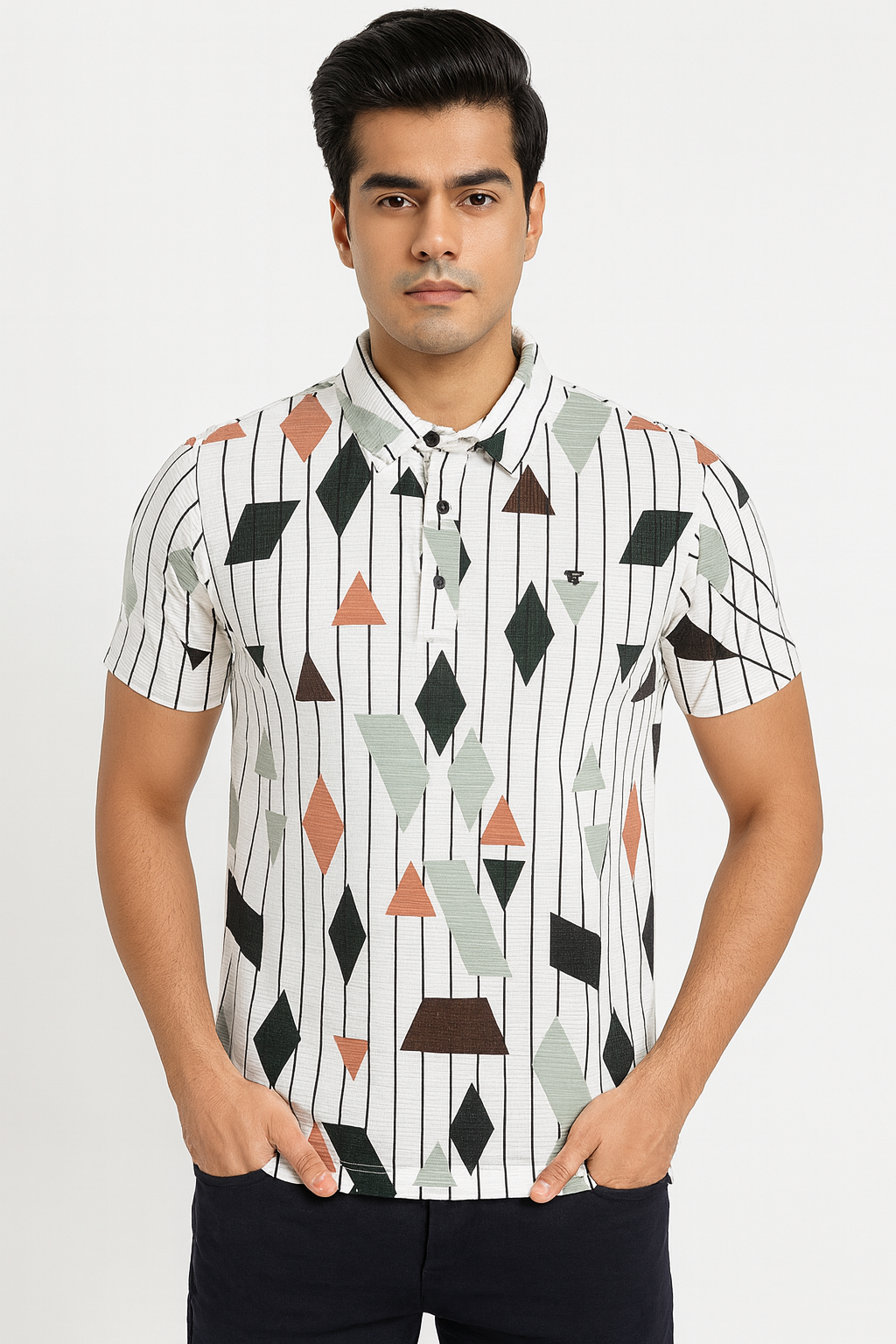 Men’s White Geometric Printed Polo T-Shirt – Trendy Smart-Casual Look