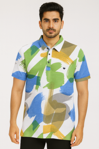 Men’s Multicolor Abstract Print Polo T-Shirt – Vibrant Cotton Blend