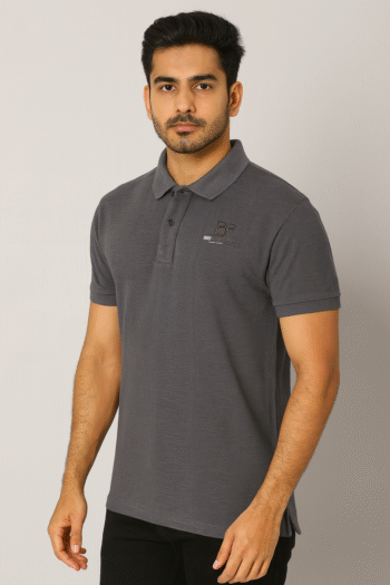 Men’s Charcoal Grey Polo T-Shirt – Subtle Textured Cotton Blend