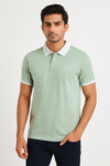 Men’s Mint Green Striped Polo T-Shirt – Contrast Collar Cotton Blend