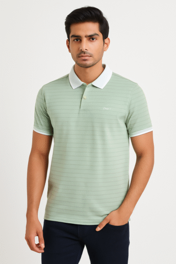 Men’s Mint Green Striped Polo T-Shirt – Contrast Collar Cotton Blend