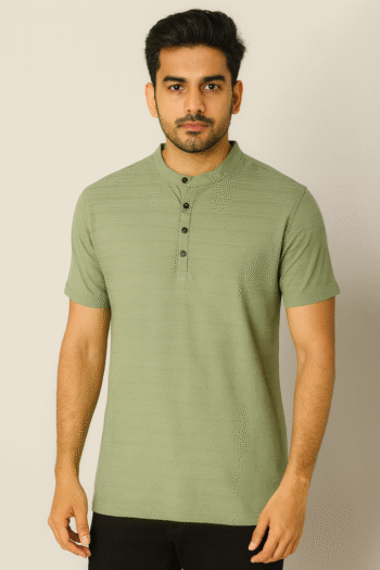Men’s Olive Green Textured Mandarin Collar T-Shirt – Smart Casual Cotton Blend