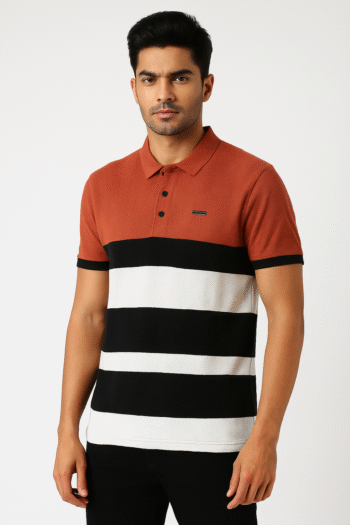 Men’s Rust Brown & Black Colorblock Polo T-Shirt