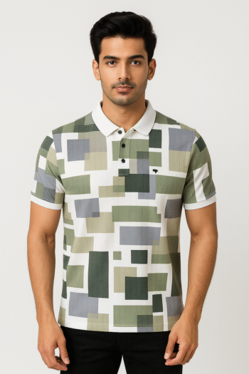 Men’s Green & White Geometric Print Polo T-ShirtMen’s Green & White Geometric Print Polo T-Shirt