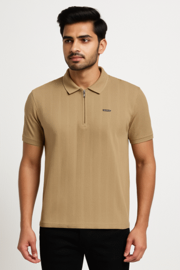 Men’s Beige Textured Half-Zip Polo T-Shirt