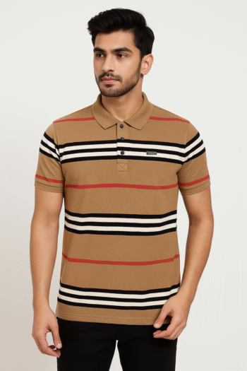 Men’s Camel Brown Multi-Stripe Polo T-Shirt