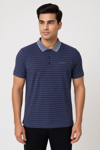 Navy Blue Striped Polo T-Shirt for Men