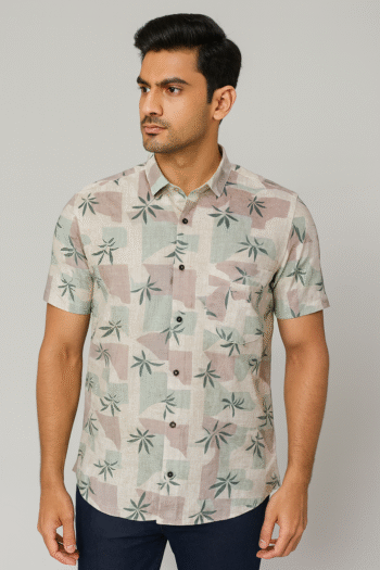 Beige Tropical Printed Casual Shirt for Men