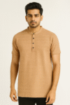 Men’s Camel Brown Textured Mandarin Collar T-Shirt – Smart Casual Cotton Blend