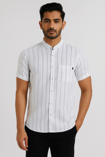 White Mandarin Collar Striped Casual Shirt for Men