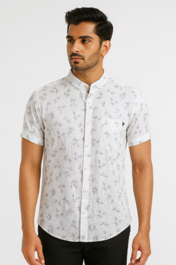 White Mandarin Collar Printed Casual Shirt for Men