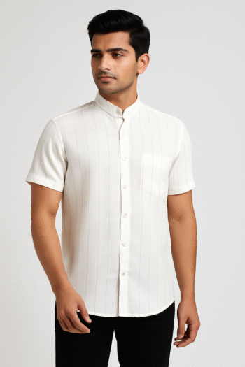 White Mandarin Collar Striped Shirt for Men