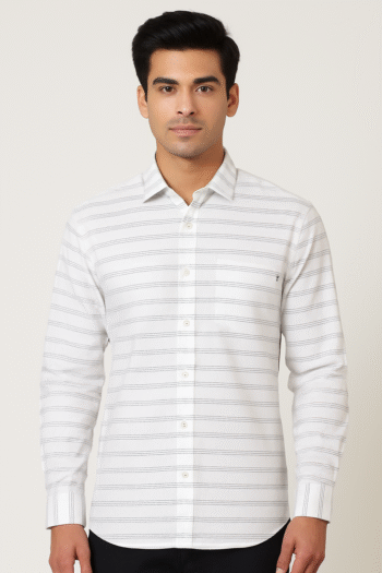 White Horizontal Striped Full-Sleeve Shirt for Men
