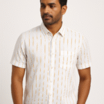 White & Mustard Vertical Striped Casual Shirt for Men