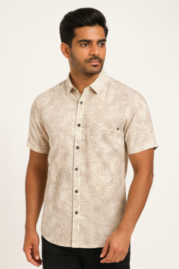 Beige Leaf Print Short-Sleeve Casual Shirt for Men