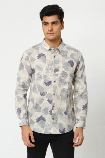 Men’s Beige Printed Cotton Casual Shirt