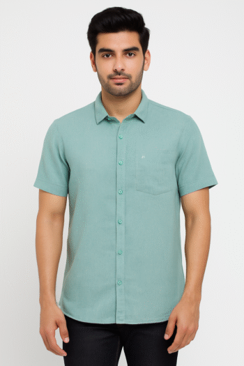 Men’s Sea Green Solid Cotton Short Sleeve Shirt