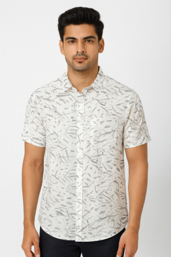 Men’s Off-White Abstract Printed Cotton Short Sleeve Shirt