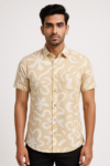 Men’s Beige Abstract Floral Printed Cotton Short Sleeve Shirt