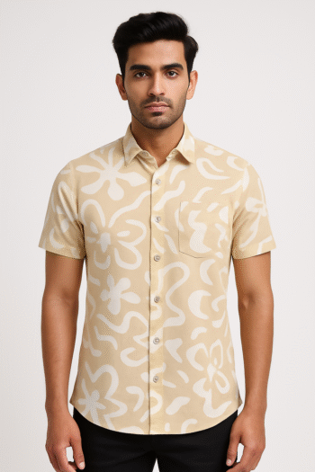 Men’s Beige Abstract Floral Printed Cotton Short Sleeve Shirt