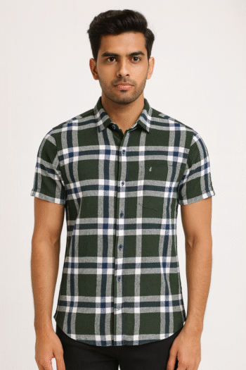 Men’s Green & Navy Checked Cotton Short Sleeve Shirt