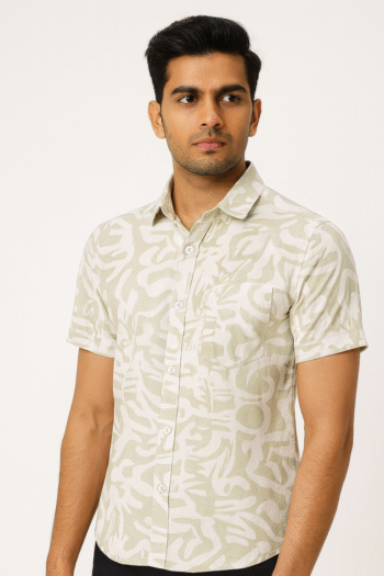 Men’s Light Olive Abstract Printed Cotton Short Sleeve Shirt