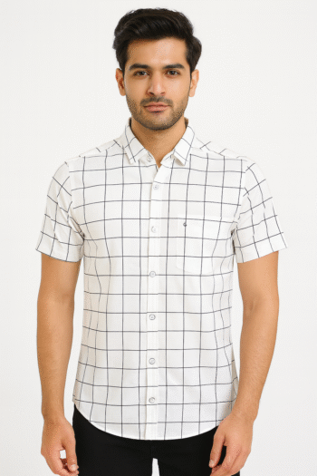 Men’s White Checked Cotton Short Sleeve Shirt