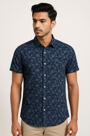 Men’s Navy Blue Printed Cotton Short Sleeve Shirt