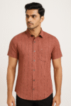 Men’s Rust Brown Striped Cotton Short Sleeve Shirt