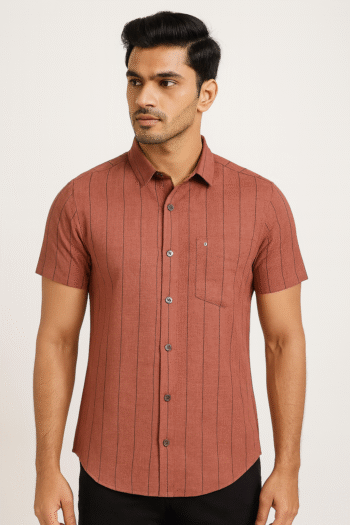 Men’s Rust Brown Striped Cotton Short Sleeve Shirt