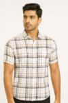 Men’s Beige & Grey Checked Cotton Casual Short Sleeve Shirt