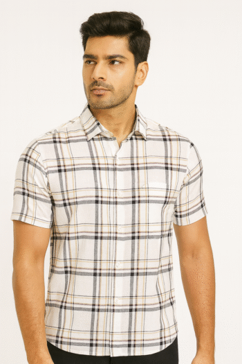 Men’s Beige & Grey Checked Cotton Casual Short Sleeve Shirt